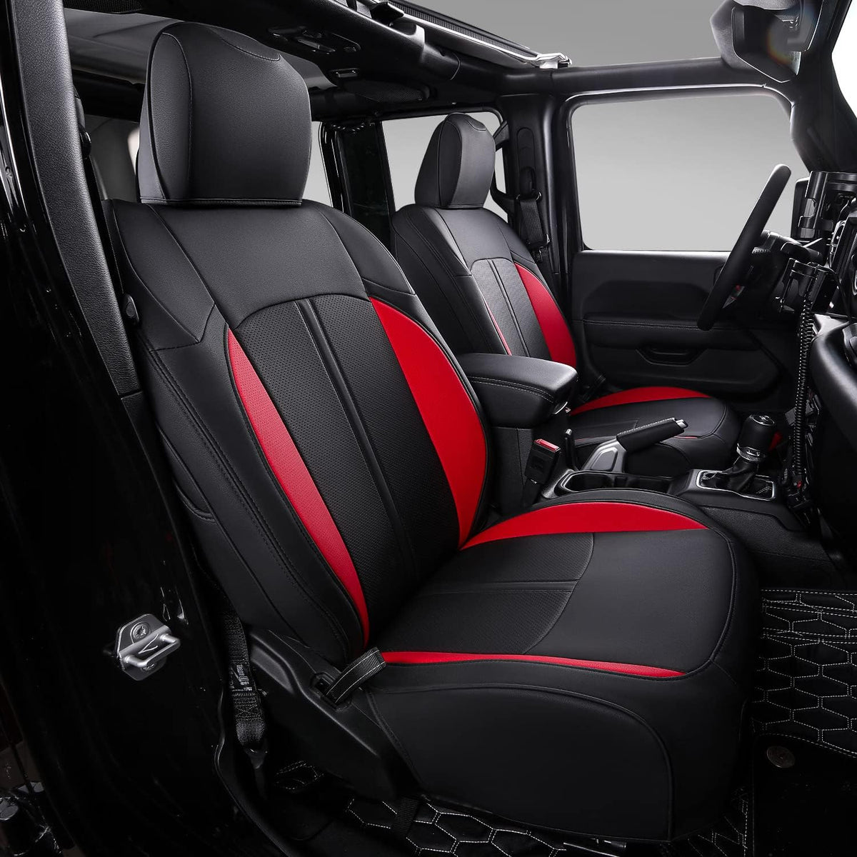 Jeep Wrangler JK 4 Door Front and Back Black Red PU Leather Car Seat Covers Full Set S28796