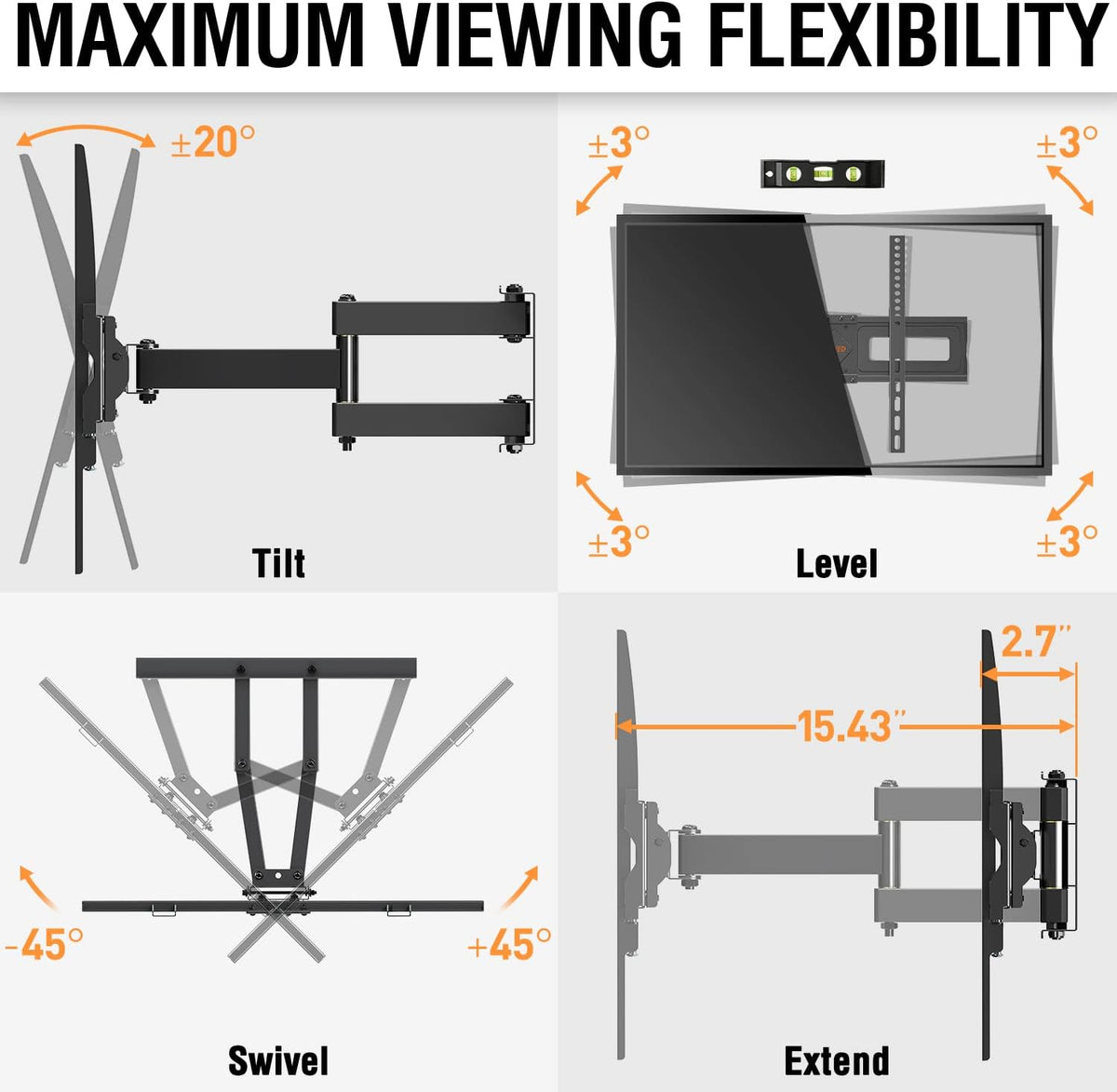 TV Wall Mount for 37-75 Inch Flat Screen TVs, Swivel and Tilt Full Motion, Max VESA 600x400mm, 99 lbs, Pack of 2 L928195