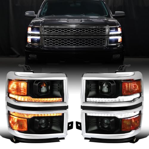 2014-2015 Chevy Silverado 1500 Black Chrome Trim Headlights Assembly Pair Y4502