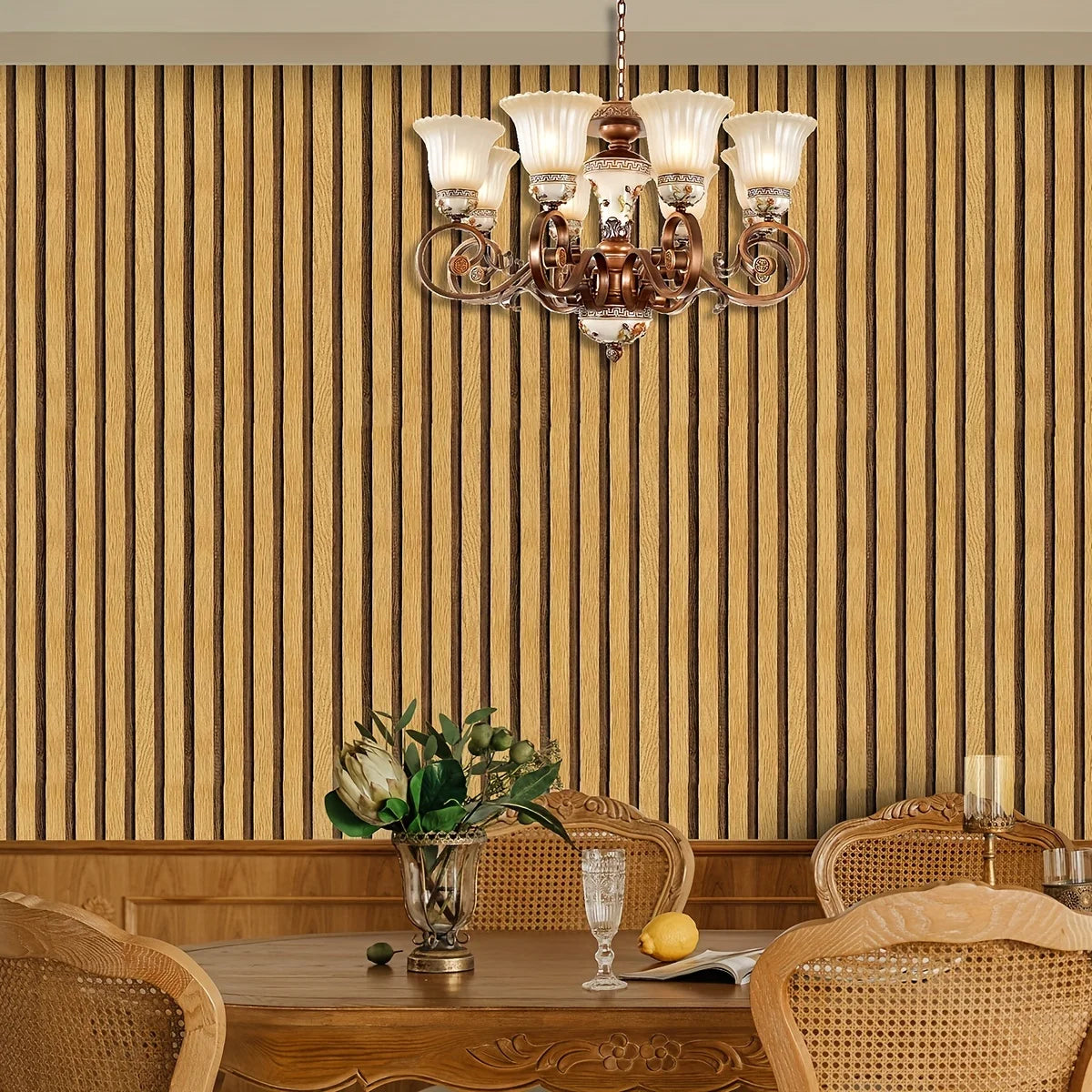 Glossy Light Brown Wood Grain Stripe Wallpaper F15309
