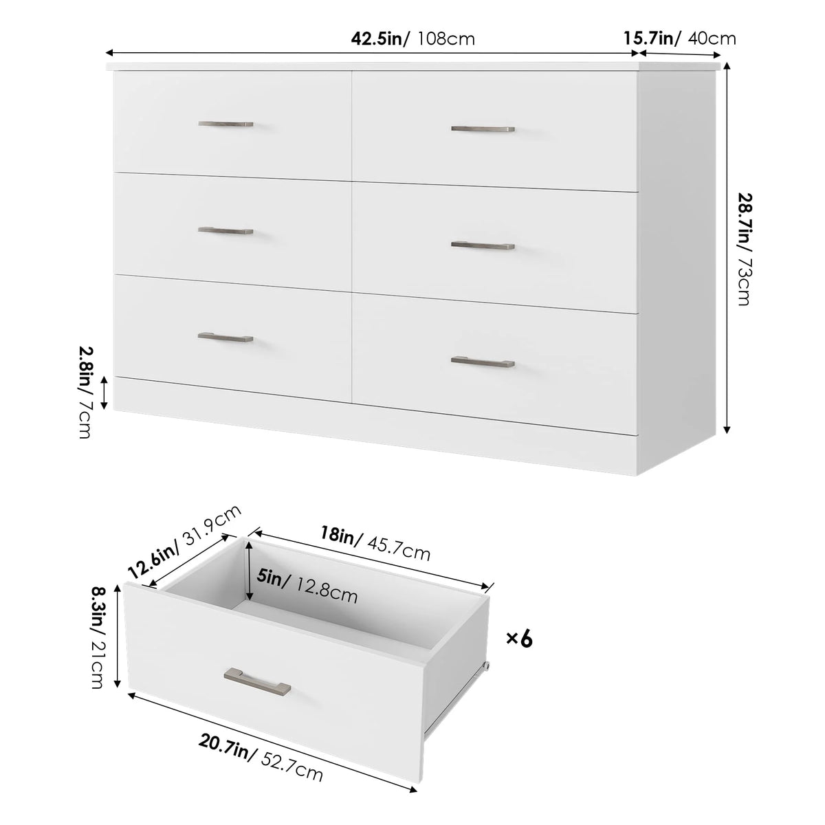 White 6 Drawer Wood Dresser M507