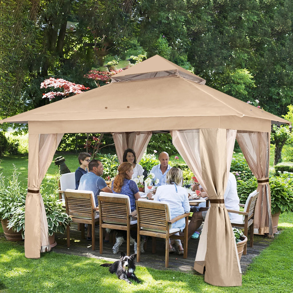 13'x13' Khaki Pop up Gazebo Canopy with Mosquito Netting R254