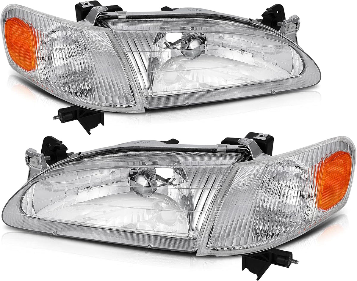 Chrome Housing Amber Reflector Clear Lens Headlight Assembly Pack of 2 E872