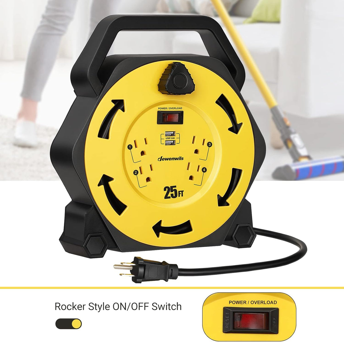 25FT Retractable Extension Cord Reel with 4 Outlets and 2 USB Ports I111