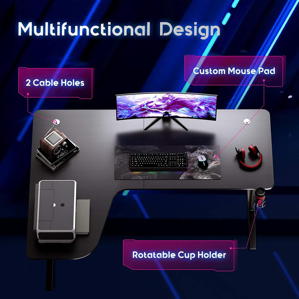 L Shaped Gaming Desk with Mouse Pad and Cup Holder H196