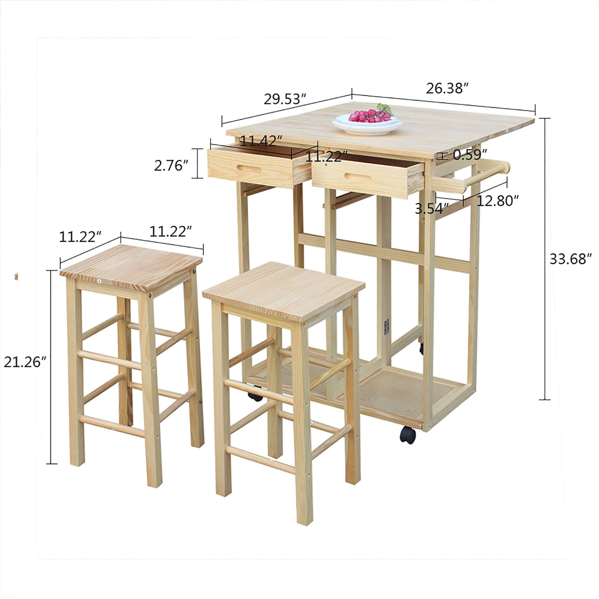 Square Folding Dining Cart Bar Table with 2 Stools N789