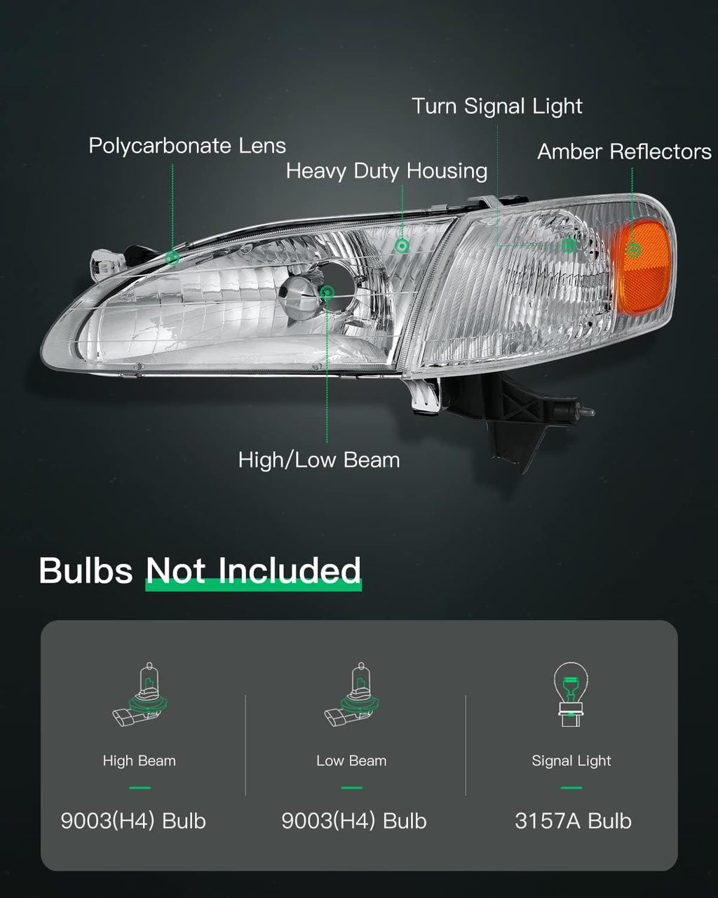 Chrome Housing Amber Reflector Clear Lens Headlight Assembly Pack of 2 E872