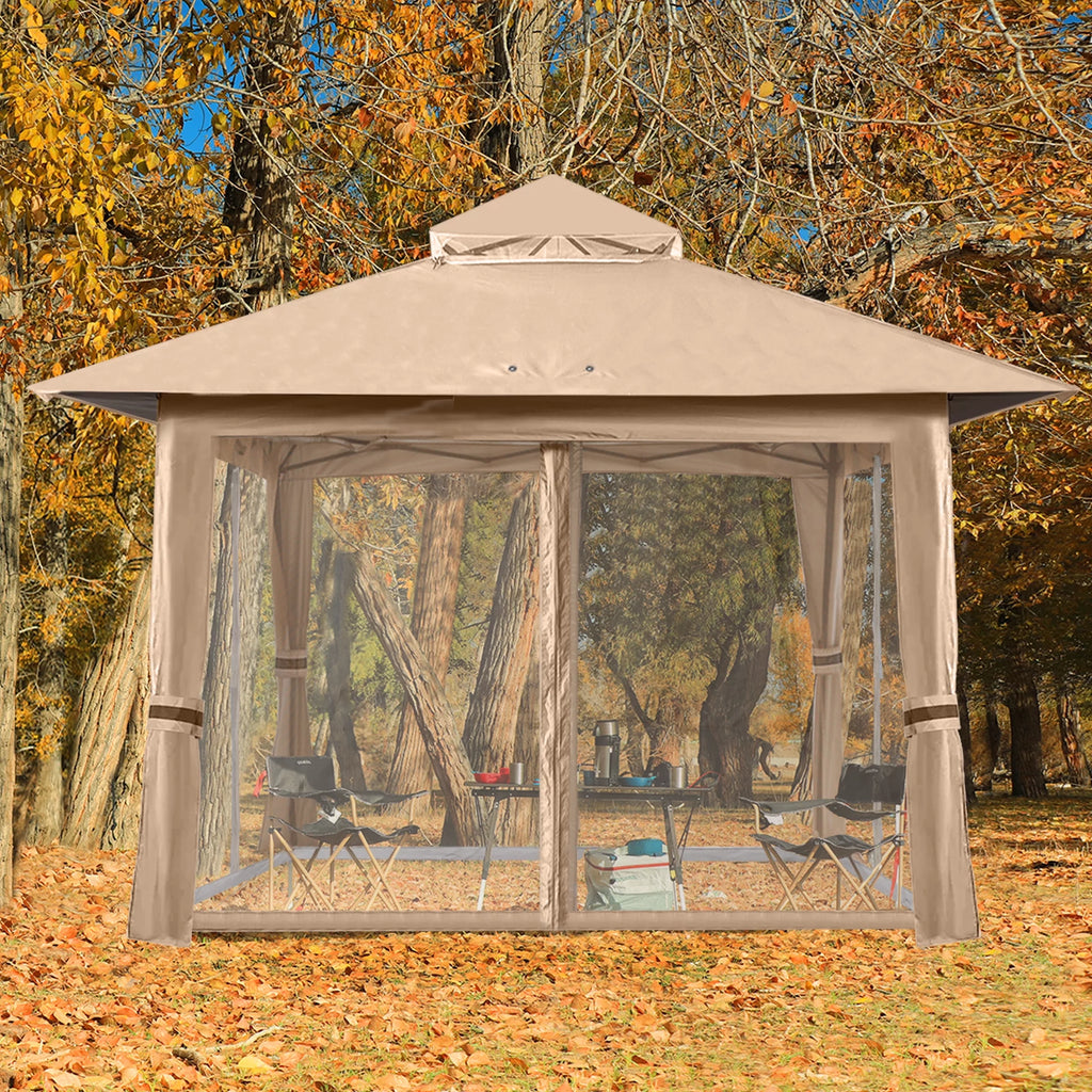 13'x13' Khaki Pop up Gazebo Canopy with Mosquito Netting R254