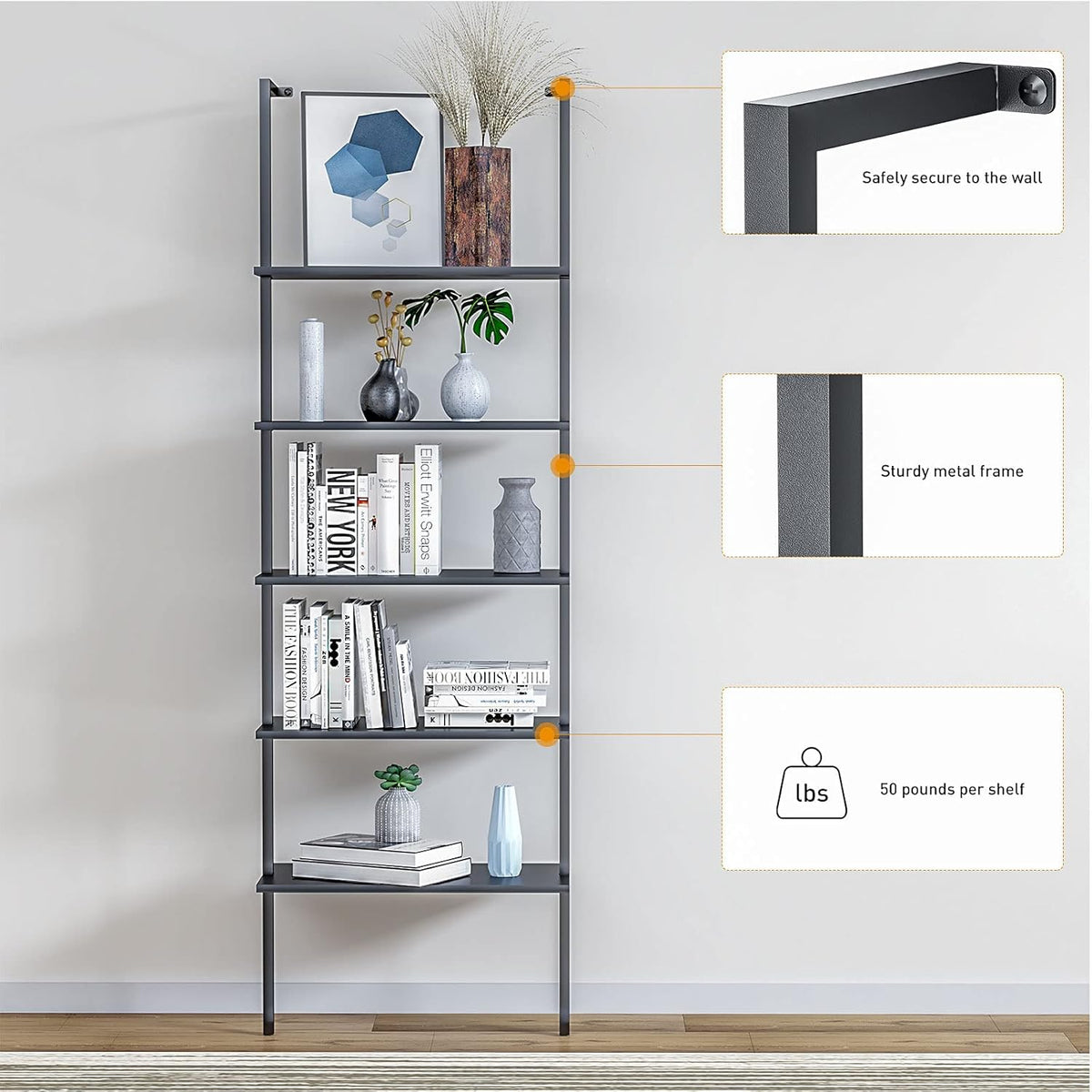 5-Shelf Black Wood Bookcase with Metal Frame P68500