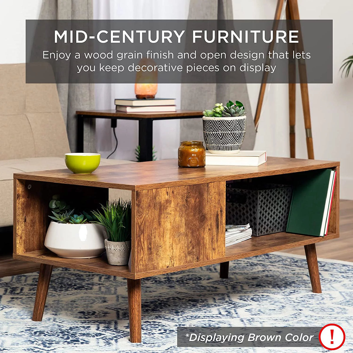 Mid-Century Modern Wooden Coffee Table with Open Storage Shelf F38444