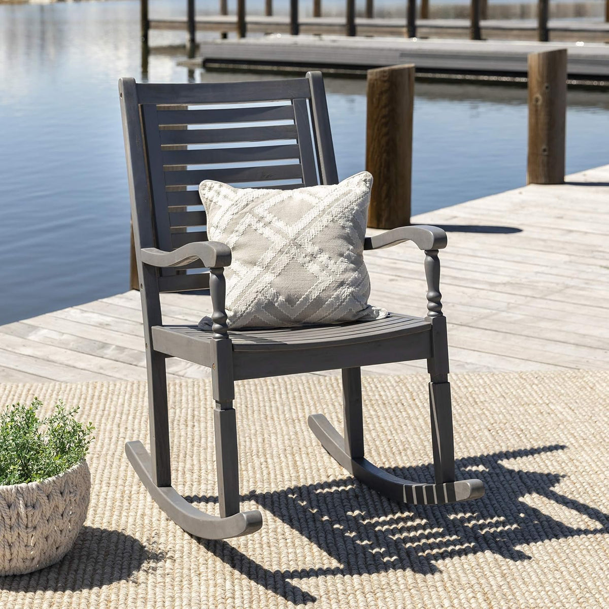 Brown Acacia Wood Slat Back Patio Rocking Chair L637027
