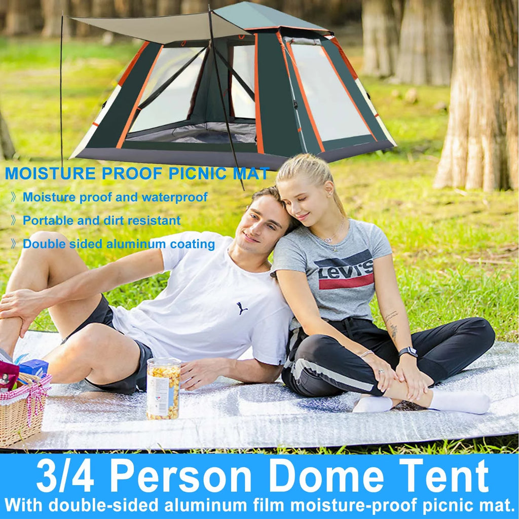 3/4 Person Waterproof Dome Camping Tent with Picnic Mat J576611