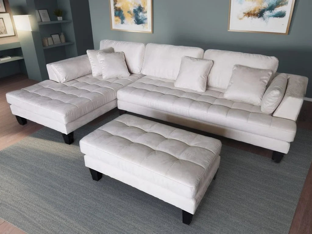 3pc Cream Microfiber Sectional Sofa Chaise Ottoman V2002