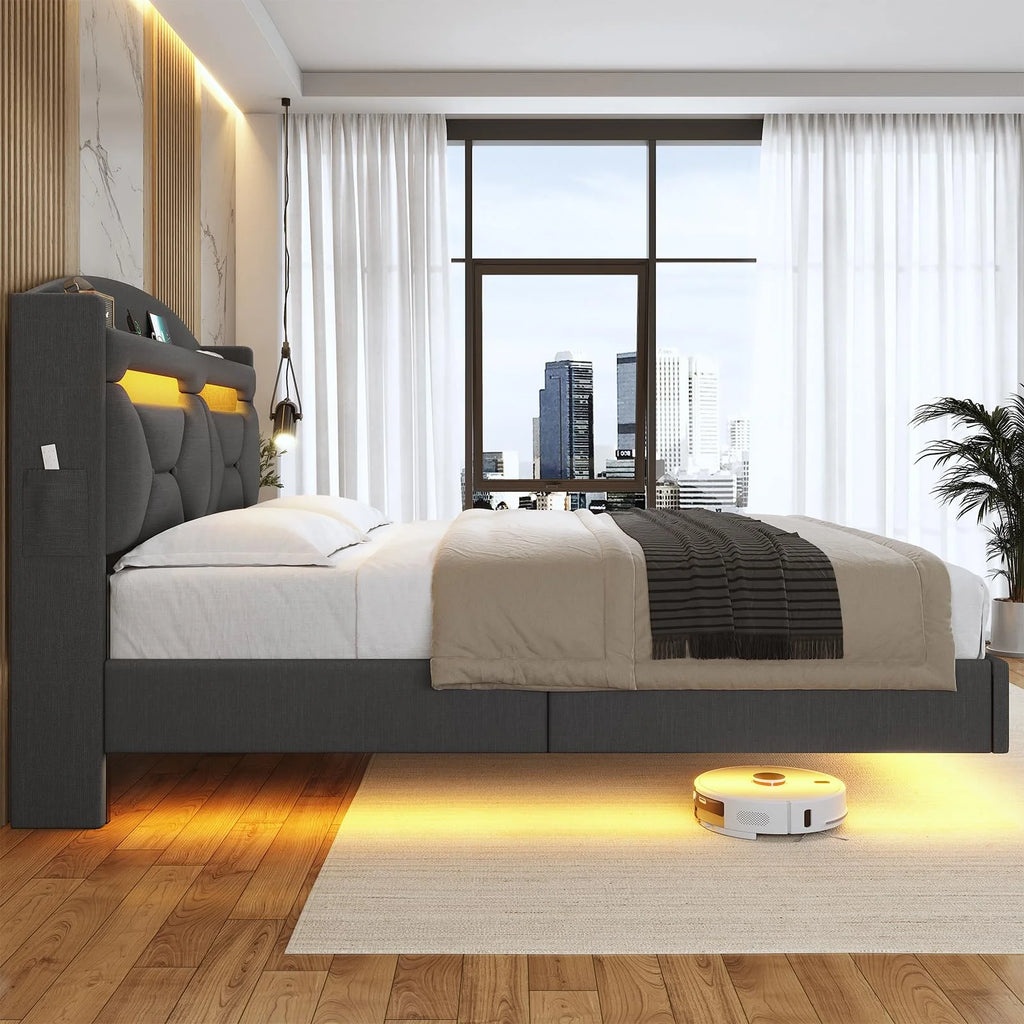 Floating Full Size Upholstered Platform Bed with Storage Headboard C489