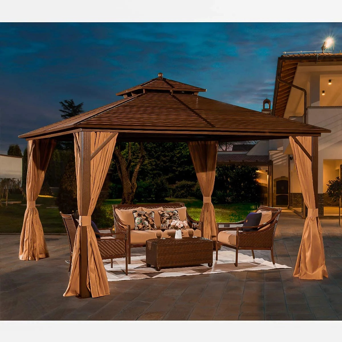 12' x 12' Hardtop Galvanized Steel Gazebo with Aluminum Frame and Netting and Curtains M7383