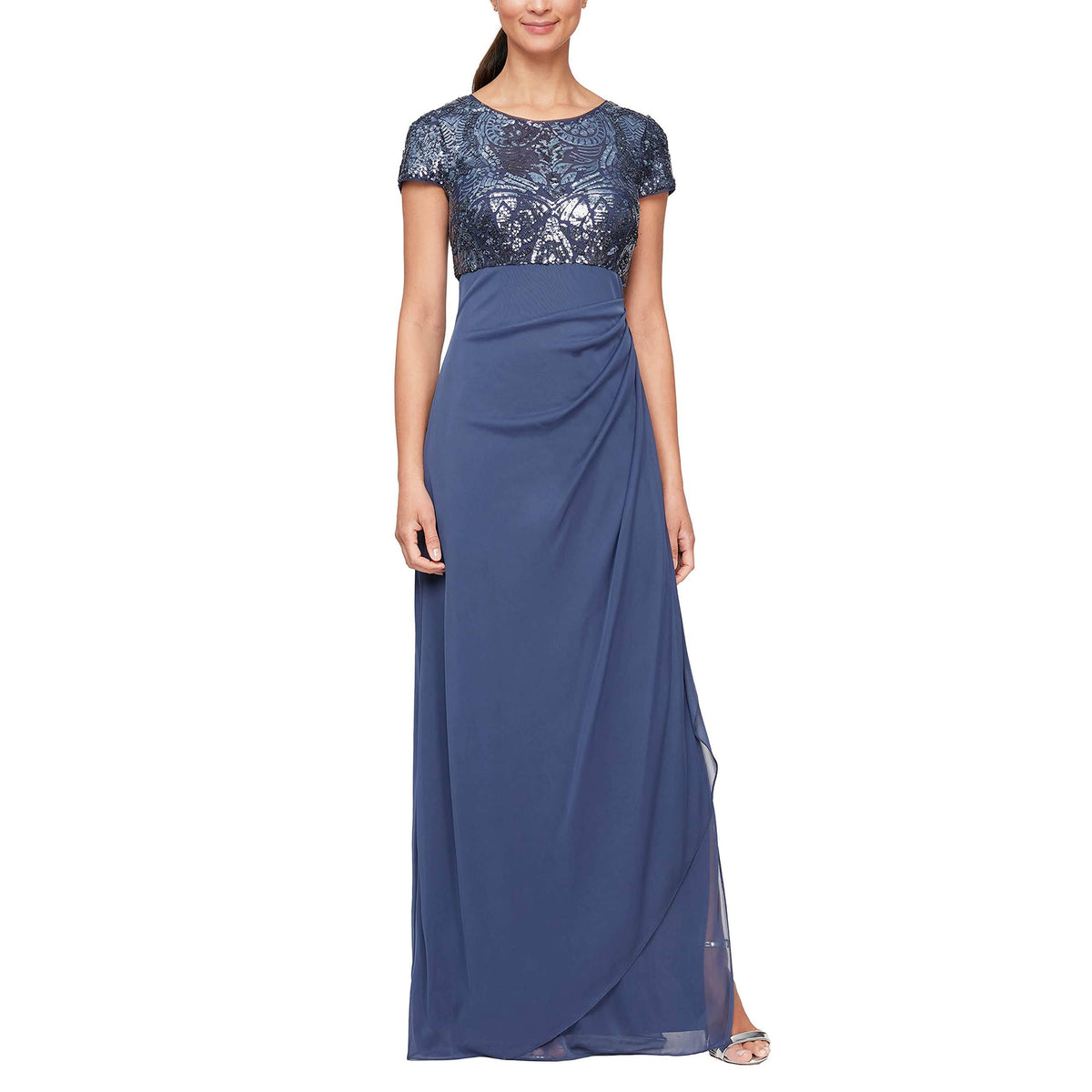 Cap Sleeve Stretch Sequin Side Ruffle Gown Q80673