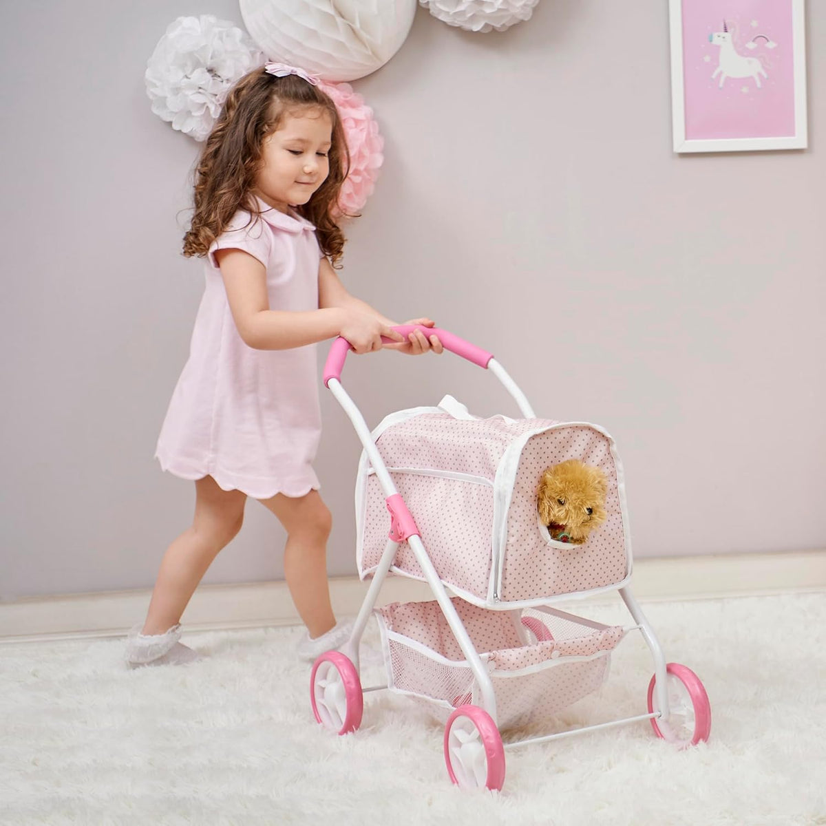 Pink/Gray Doll Stroller with Detachable Pet Carrier C6712
