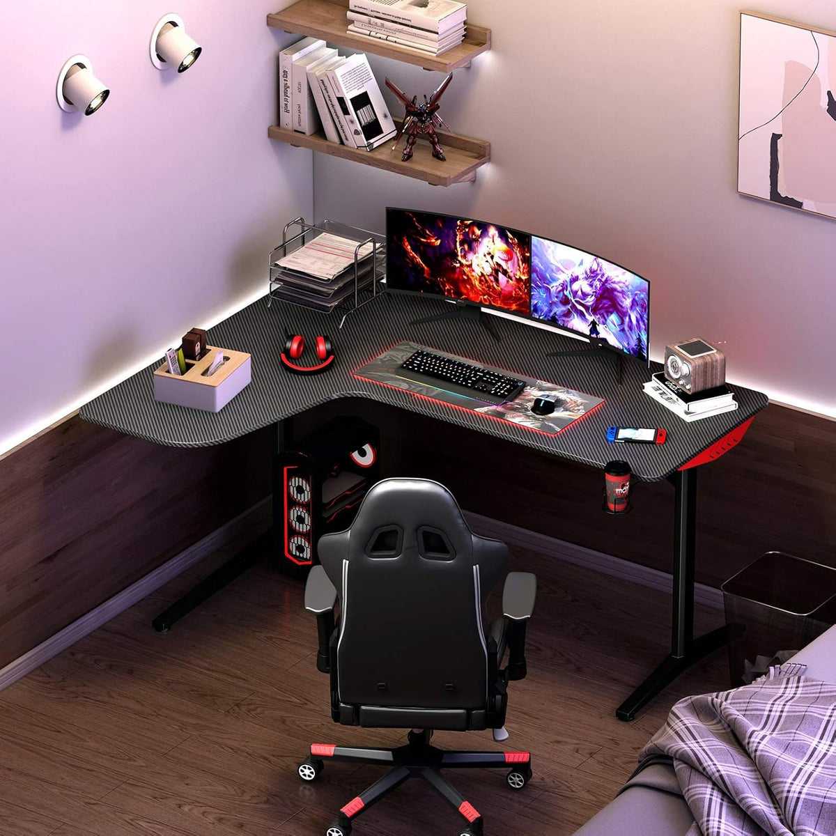 L Shaped Gaming Desk with Mouse Pad and Cup Holder H196