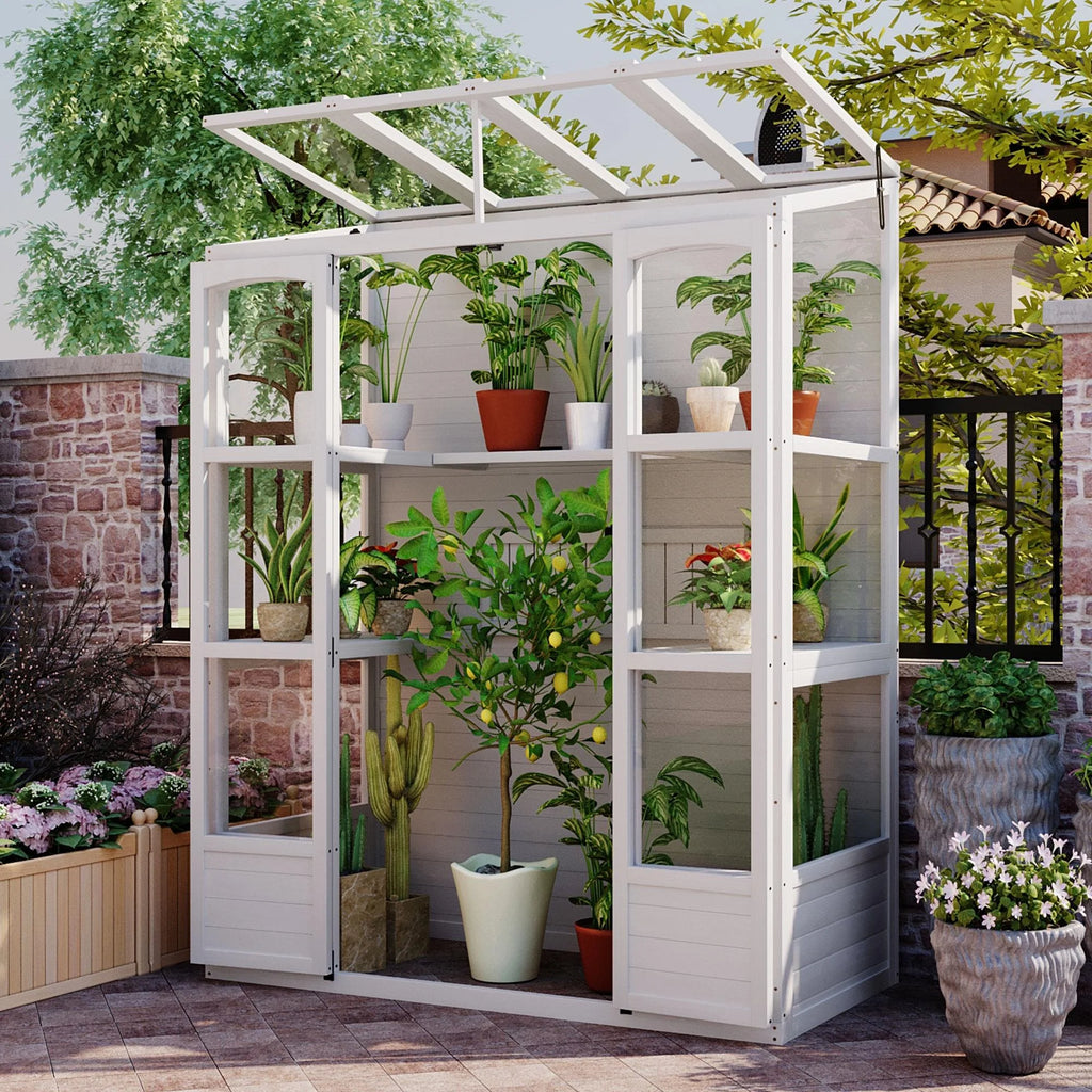 57.9"W x 29.1"D x 78.1"H Polycarbonate Greenhouse with Folding Shelves and Windows W64954