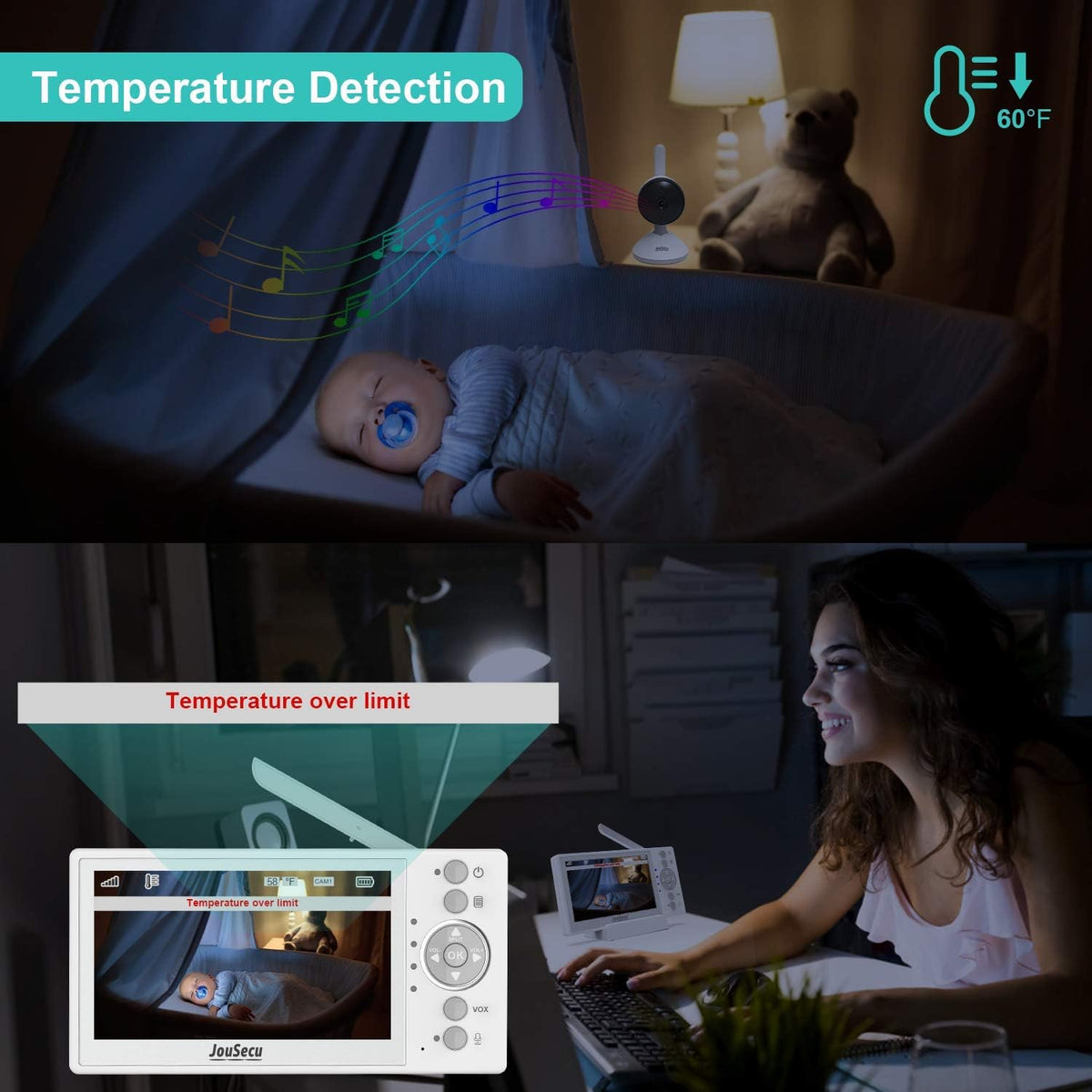 4.3 Inches LCD Split Screen Baby Monitor with 2 Camera J20119