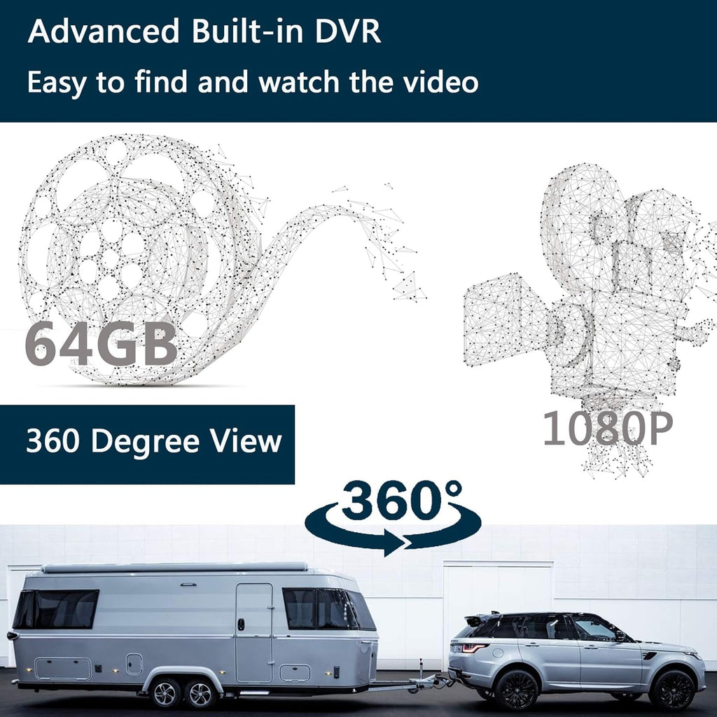 128GB 10.1 Audio Monitor Backup Camera Built-in DVR Dash Cam 1080P HD 4 Split Screen IP69 Waterproof J5446