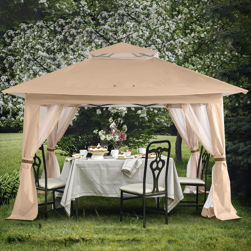 13'x13' Khaki Pop up Gazebo Canopy with Mosquito Netting R254