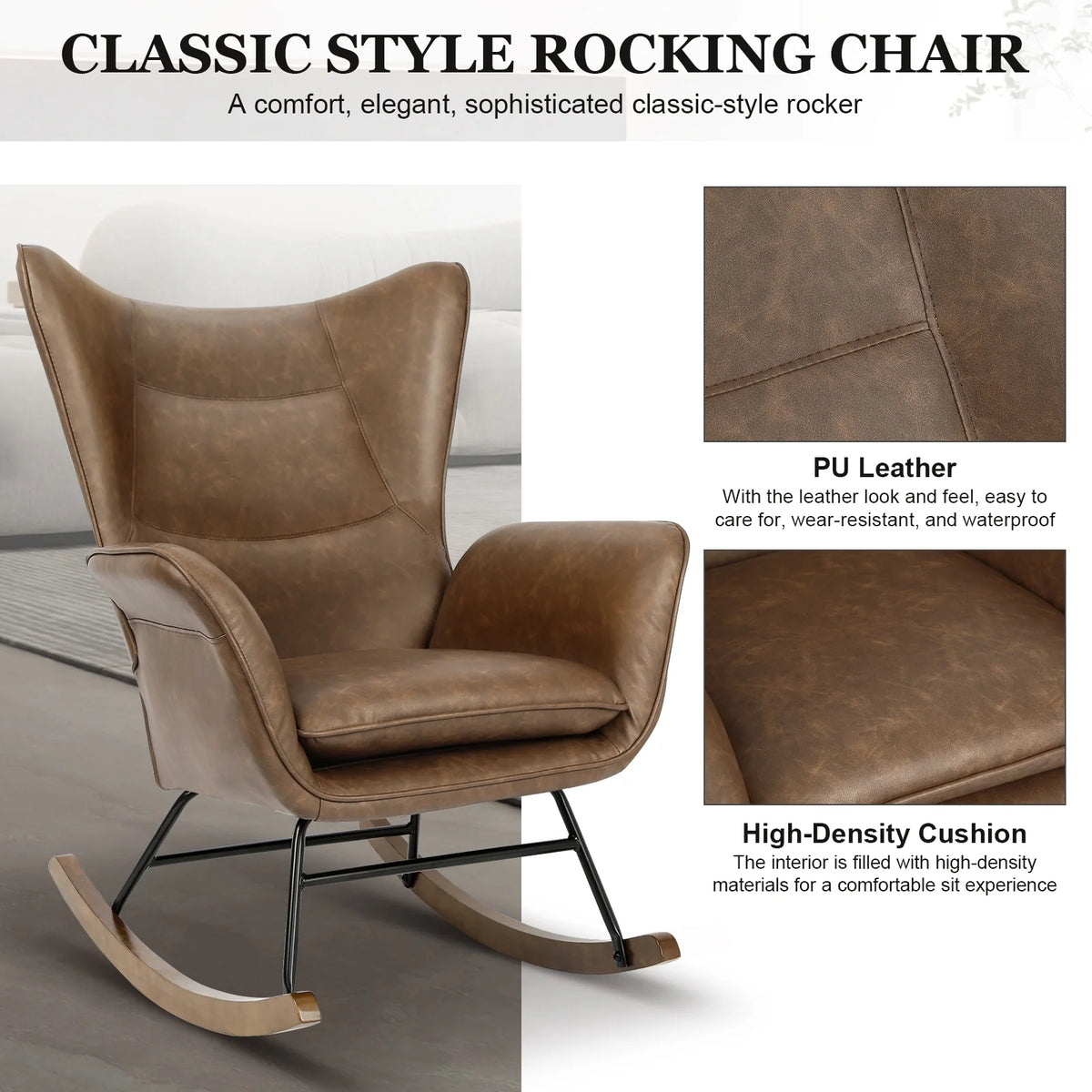 Brown PU Leather Rocker Glider Chair with Wooden Base L24805