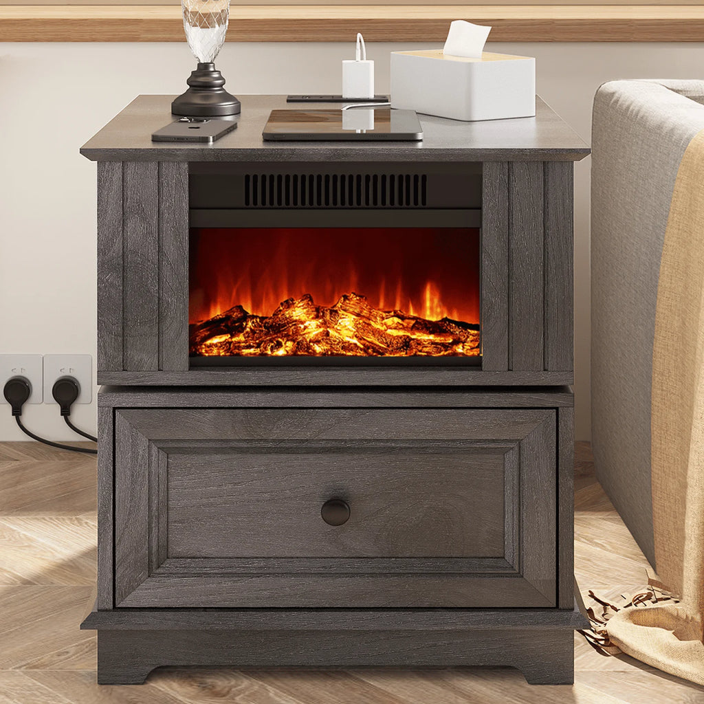 Rotating Fireplace End Table with Electric Fireplace Heater, Storage, Built-in Outlets Z1200