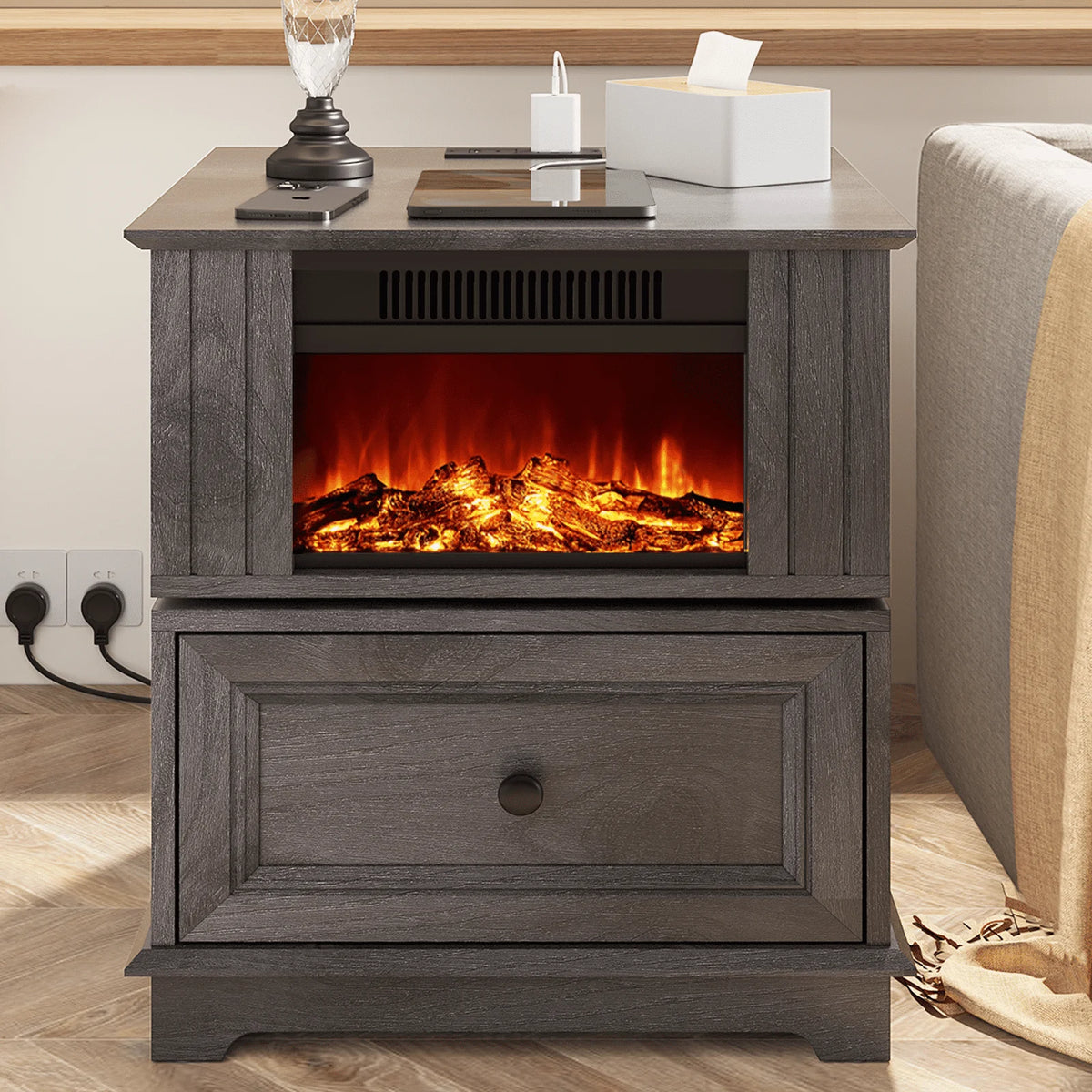 Rotating Fireplace End Table with Electric Fireplace Heater, Storage, Built-in Outlets Z1200