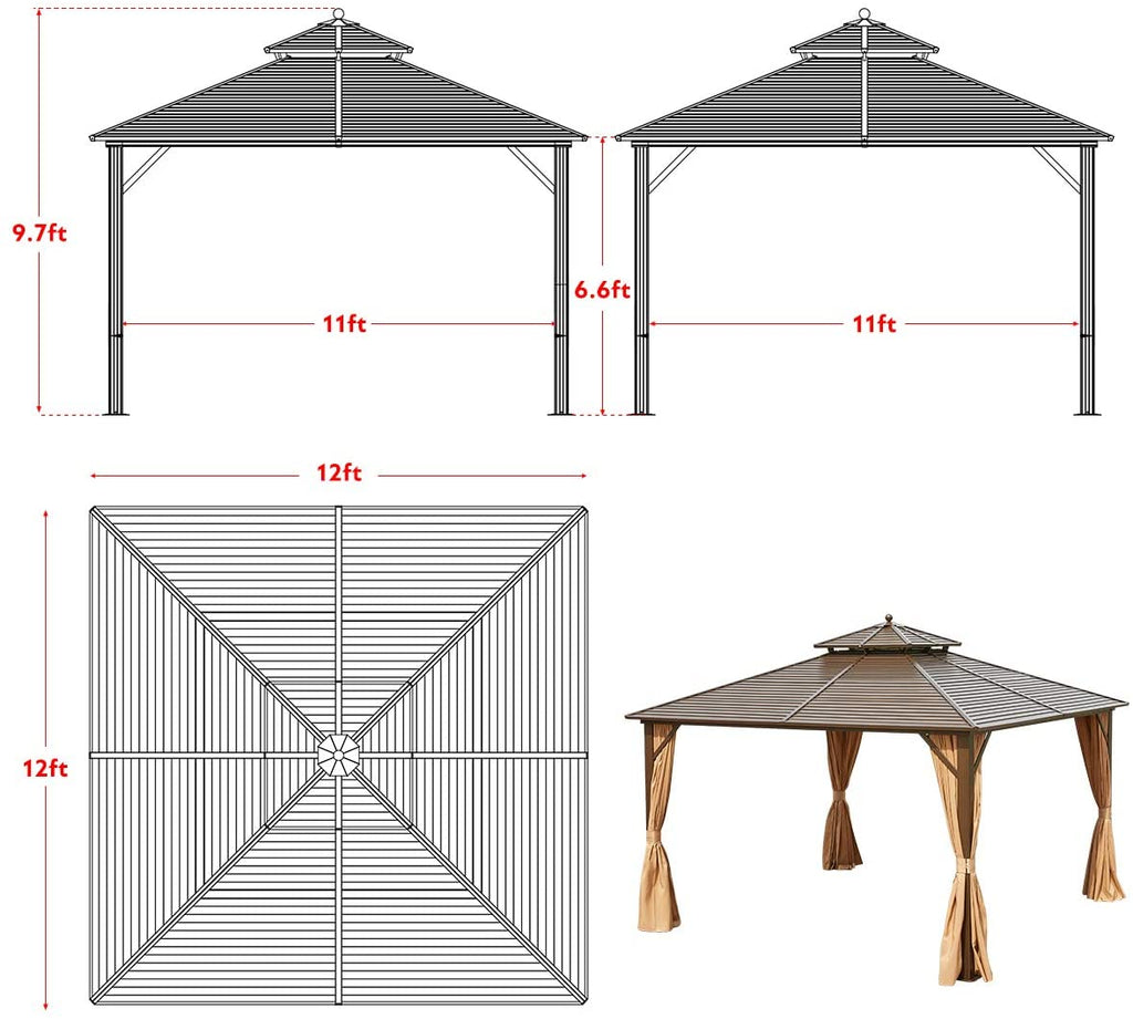 12' x 12' Hardtop Galvanized Steel Gazebo with Aluminum Frame and Netting and Curtains M7383