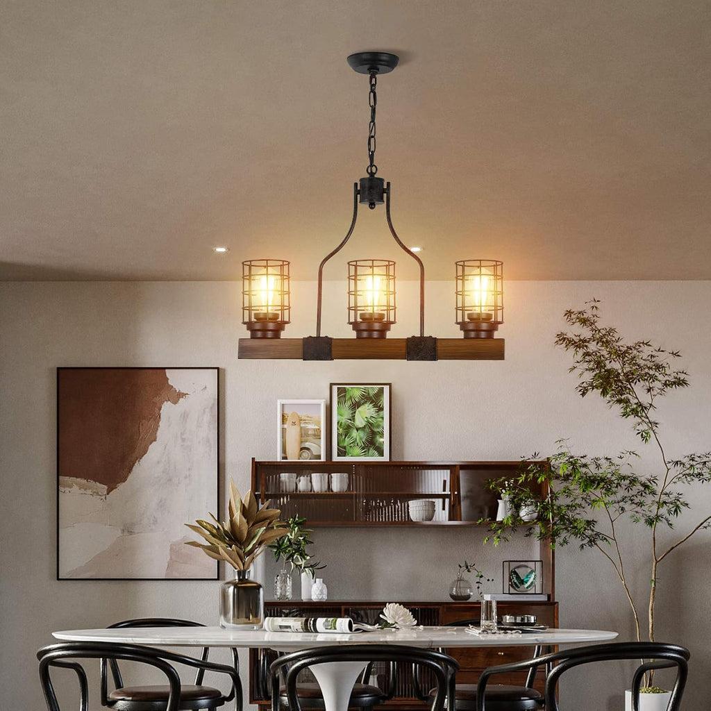 3-Lights Wood Chandelier with Cage Shade L865633
