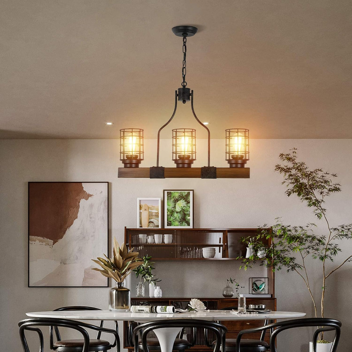3-Lights Wood Chandelier with Cage Shade L865633