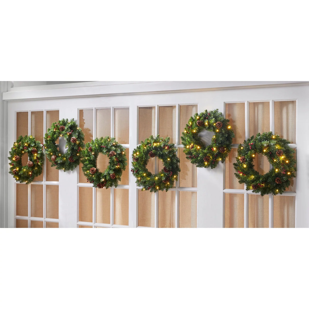 18" Pre-Lit Wreaths, Set Of 6, Warm Lights B6287