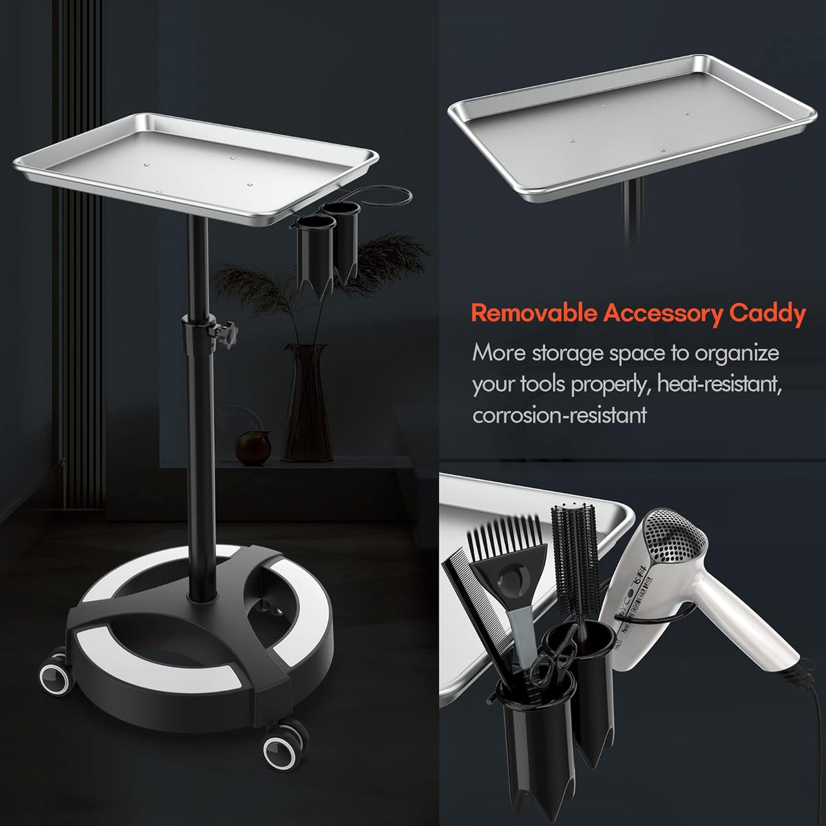 Adjustable Height Aluminum Salon Tray Cart with Accessory Caddy B18025