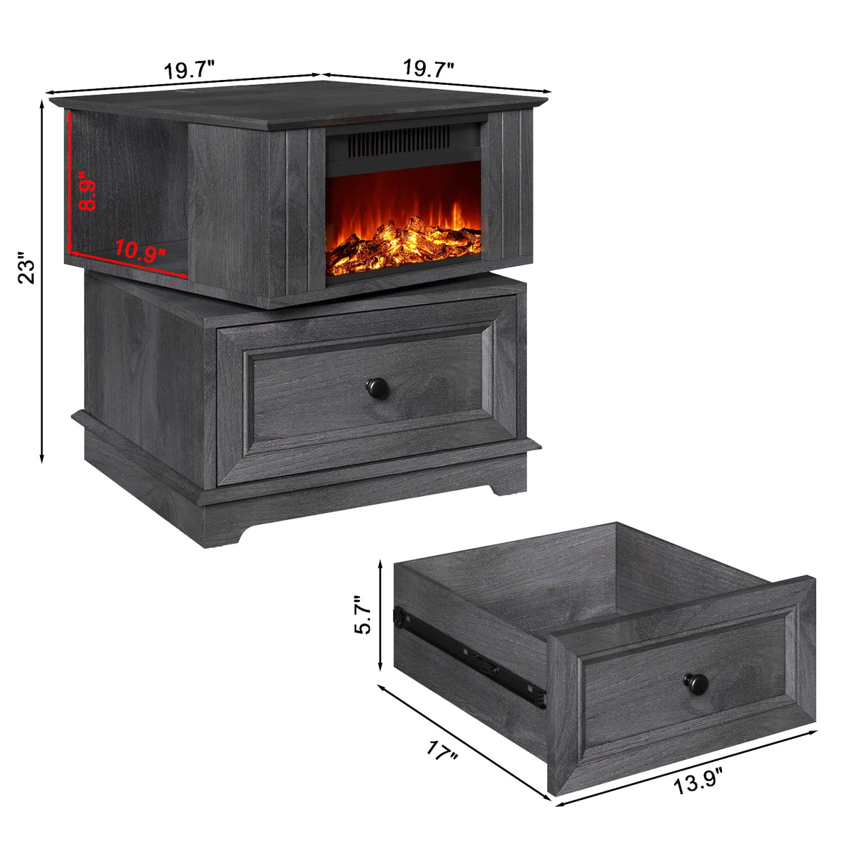 Rotating Fireplace End Table with Electric Fireplace Heater, Storage, Built-in Outlets Z1200