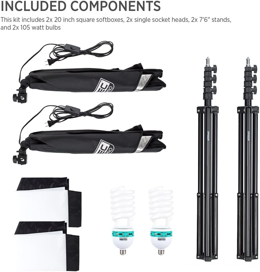 2-Light Fluorescent Studio Lighting Kit with 20"x20" Softboxes, 105W Bulbs & Light Stands N24329