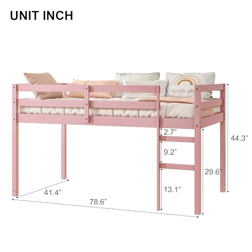 Twin Size Solid Wood Loft Bed Frame with Ladder and Safety Guardrail (White) B177