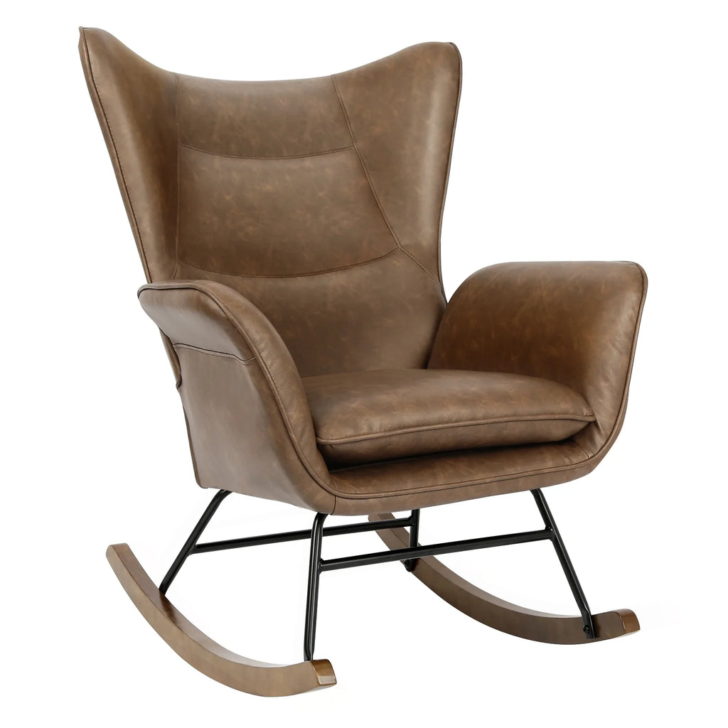 Brown PU Leather Rocker Glider Chair with Wooden Base L24805