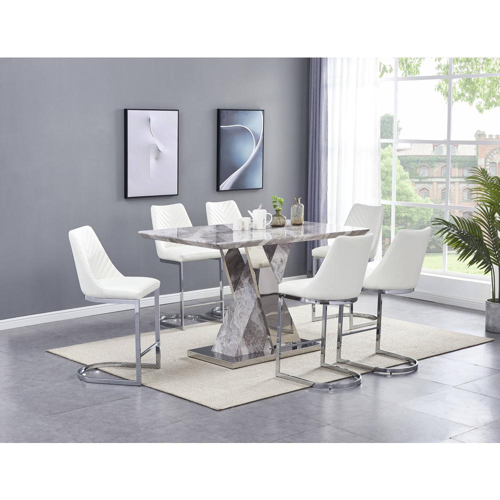 7 Piece White Faux Marble Stainless Steel Counterheight Dining Set Y1856
