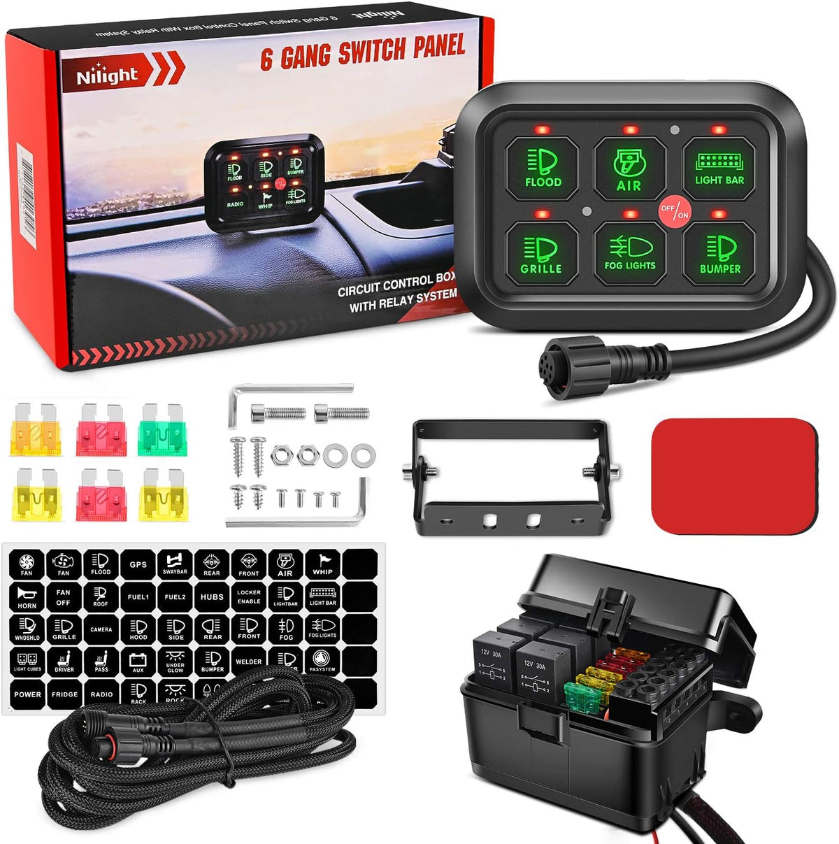 6 Gang Switch Panel Circuit Control Relay System with Fuse Wiring Harness Automatic Dimmable ON-Off LED Switch Pod U79806