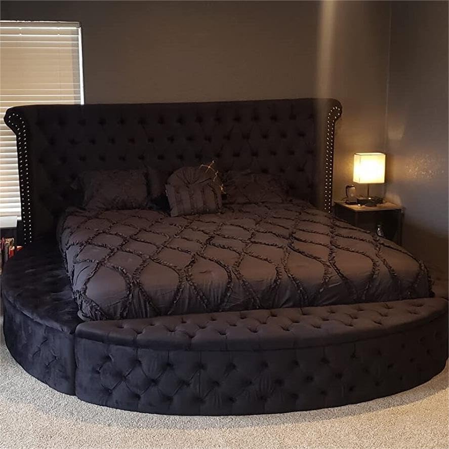 Queen Velvet Round Bed Frame with Wingback Headboard and Storage I560589