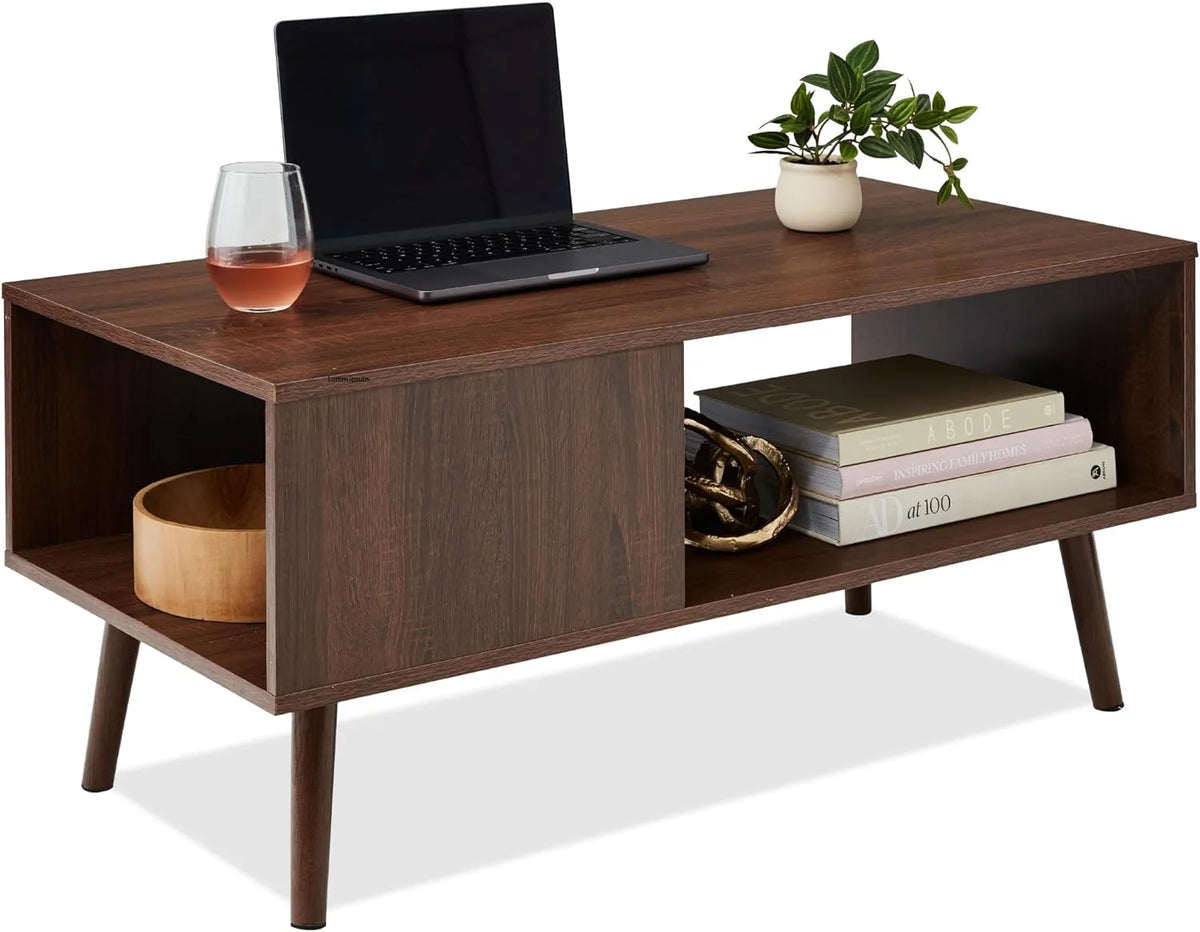 Mid-Century Modern Wooden Coffee Table with Open Storage Shelf F38444
