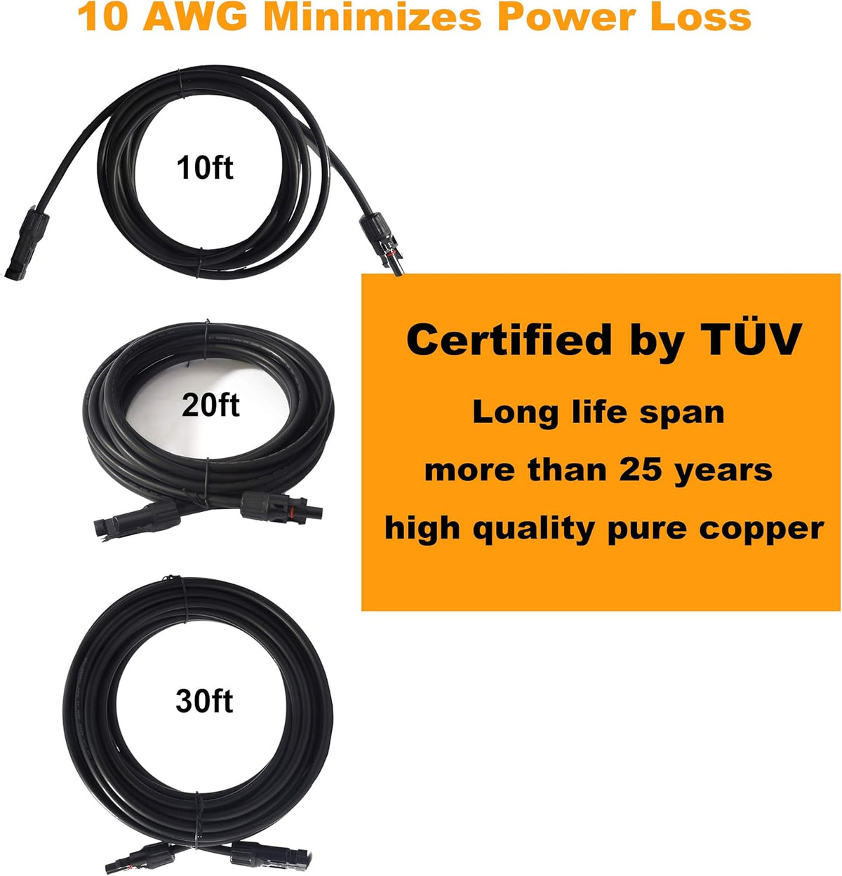10AWG 20ft Solar Extension Cable with Female and Male Connectors, Pack of 2 E104