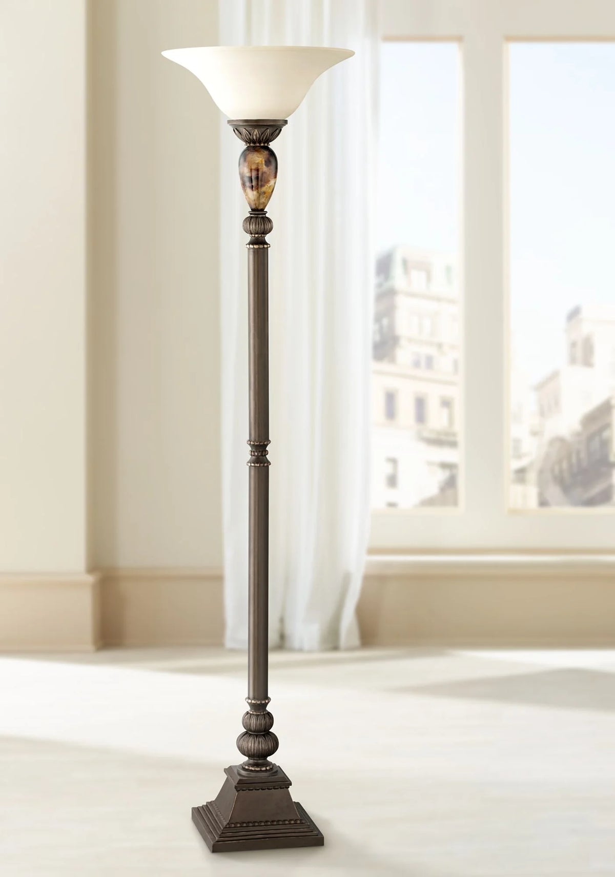 Vintage Torchiere Floor Lamp 72" Tall Bronze Frosted Glass Shade F1714