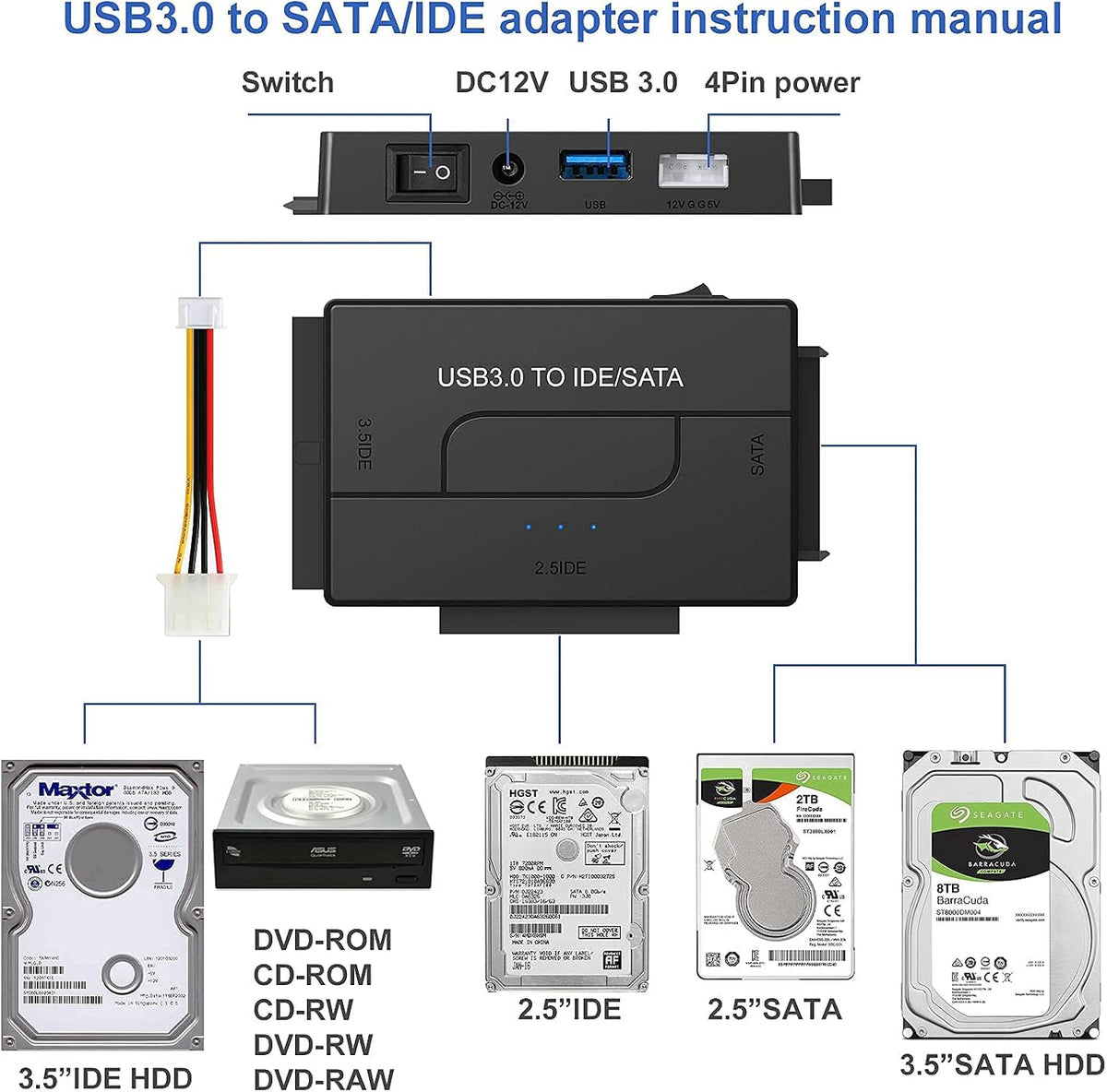 SATA IDE to USB 3.0 Adapter for 2.5 3.5-Inch HDD SSD with 12V 2A Power Supply Pack of 2 T805