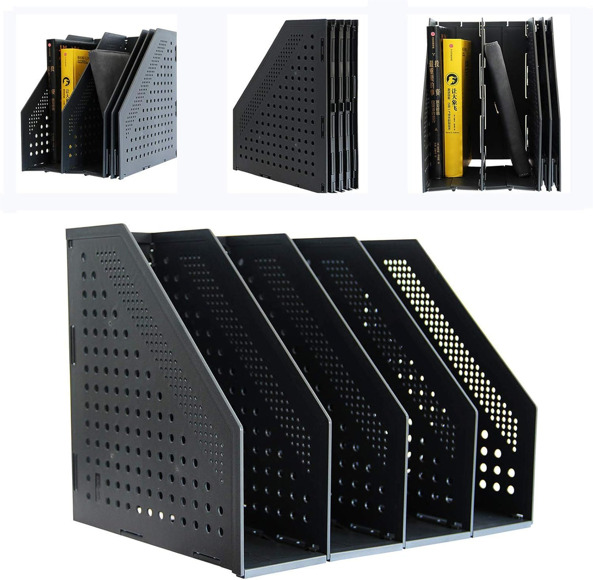 Gray 2Pcs Collapsible Magazine File Holder with 3 Vertical Compartments Q763085