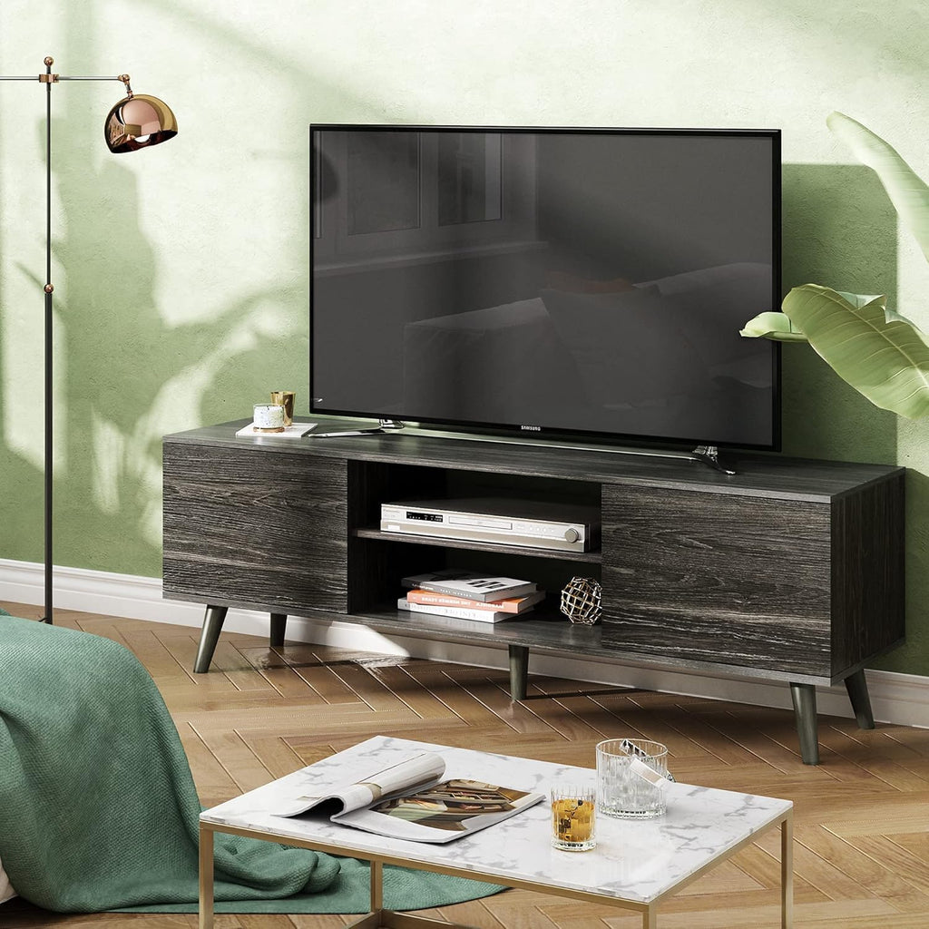 Gray Oak TV Stand with Storage Cabinet and Open Shelves R80243