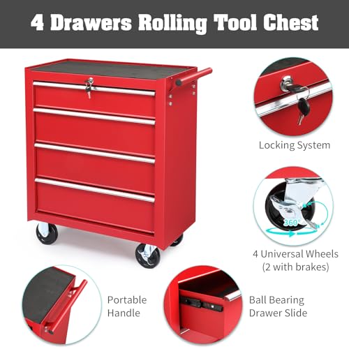 4 Drawer Rolling Metal Tool Chest with Lock J689