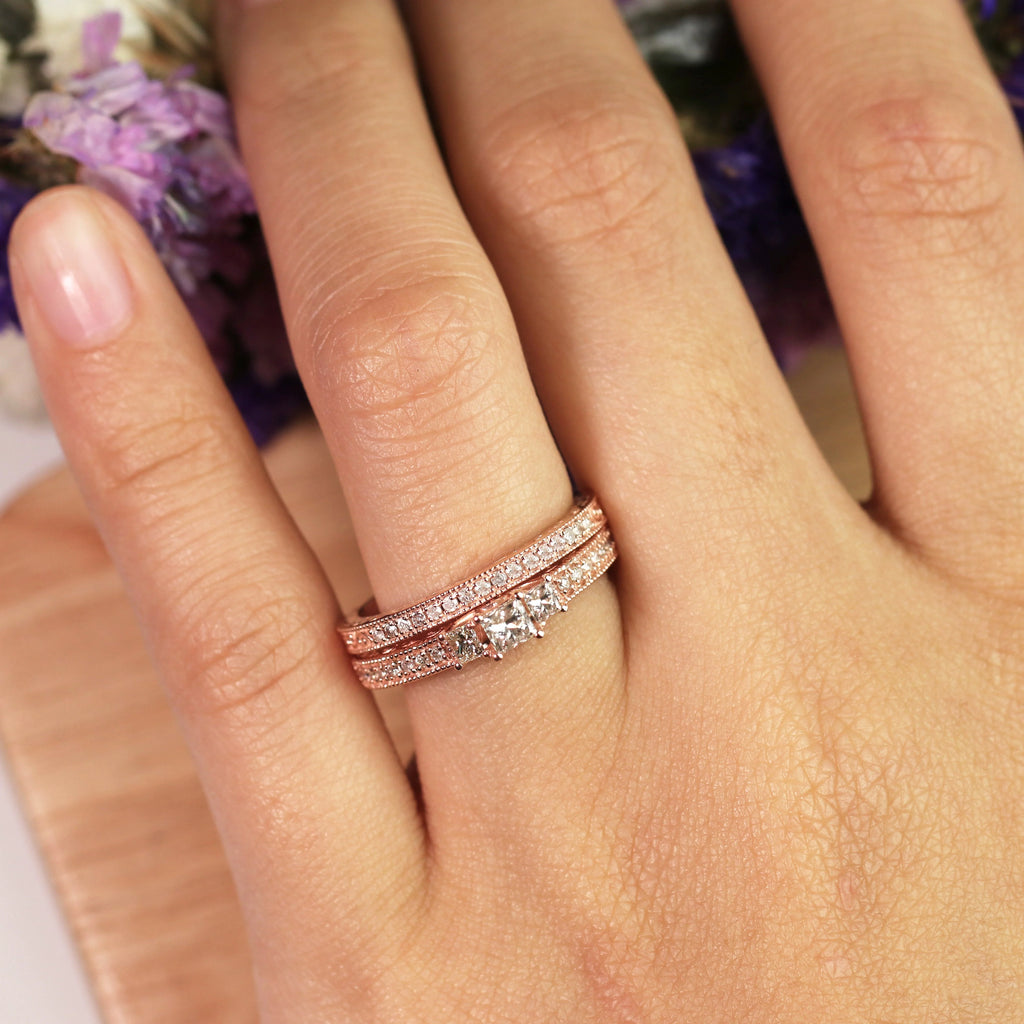 18K Rose Gold over Silver Three Stone Ring Set G231