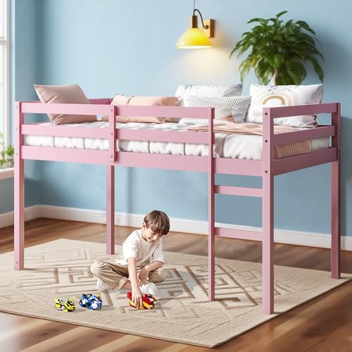Twin Size Solid Wood Loft Bed Frame with Ladder and Safety Guardrail (White) B177